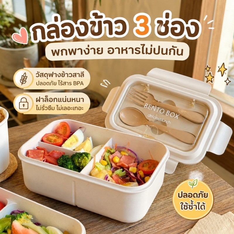 กล่องข้าวเบนโตะ กล่องถนอมอาหาร พร้อมช้อนส้อม ฝาล็อคสุญญากาศ ปลอดภัยเข้าไมโครเวฟได้ ข้าวกล่องพกพา