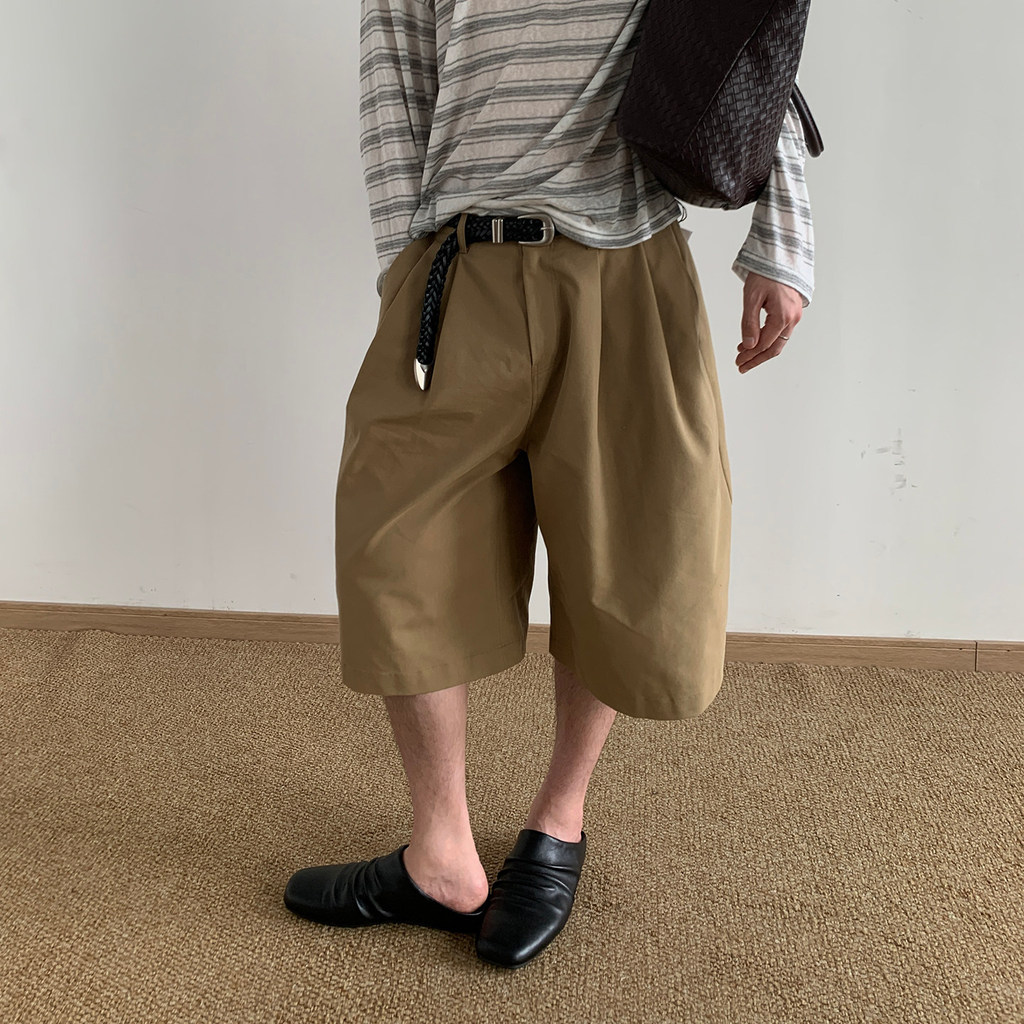 American Lazy Style สีทึบกางเกงลําลองผู้ชายฤดูร้อน Retro All-Match ตรงสั้นหลวมสบายๆ Cropped กางเกง