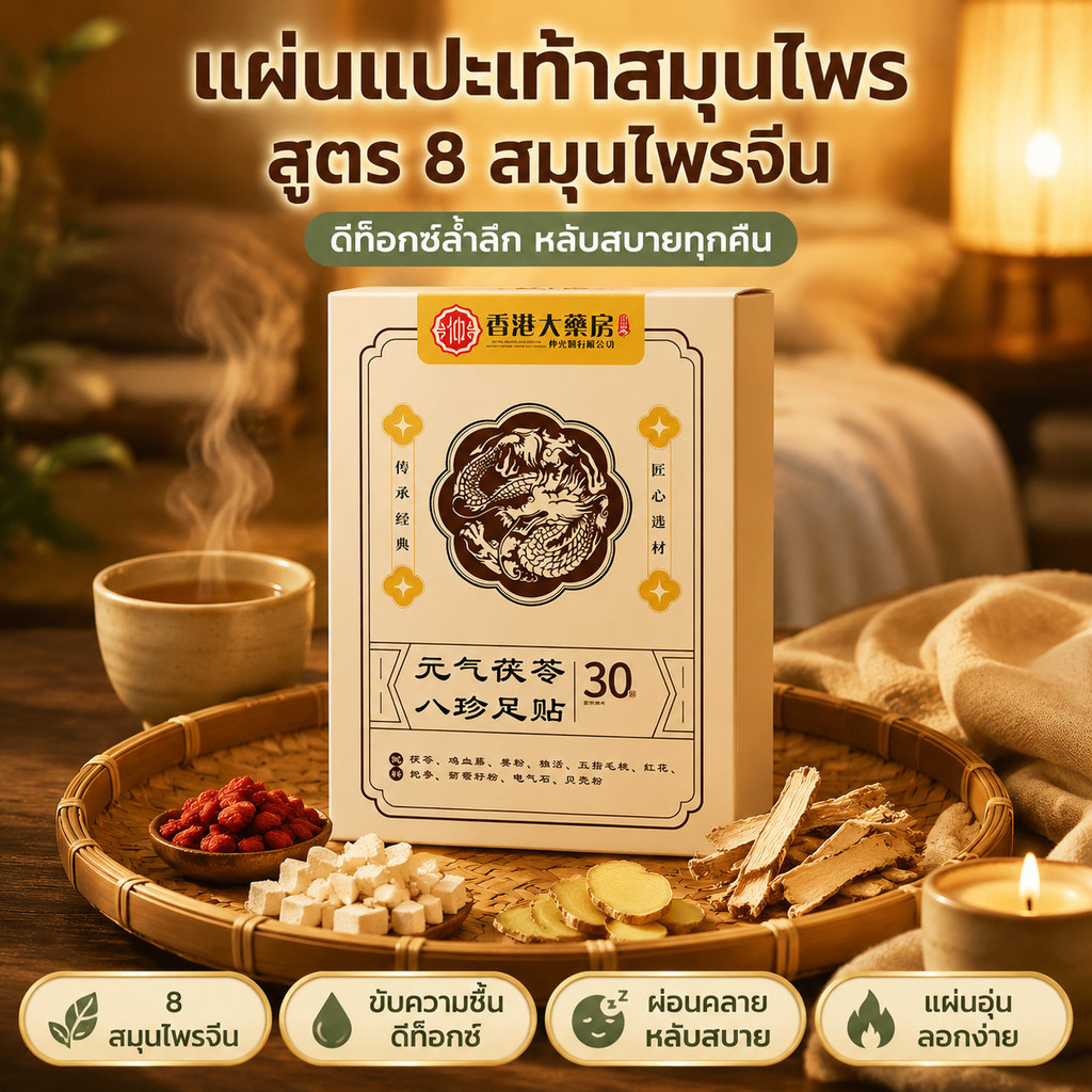 แผ่นแปะเท้าสมุนไพร Poria Cocos สูตร 8 สมุนไพรจีน ช่วยขับความชื้น ดีท็อกซ์ ดูดซับของเสีย ลดบวม ส่งเสริมการเผาผลาญ ผ่อนคลาย ช่วยให้นอนหลับสบาย แผ่นแปะเท้าอุ่น ลอกออกง่าย เหมาะสำหรับใช้ทุกวัน ผู้สูงอายุ คนทำงาน และผู้ที่มีอาการเท้าบวม