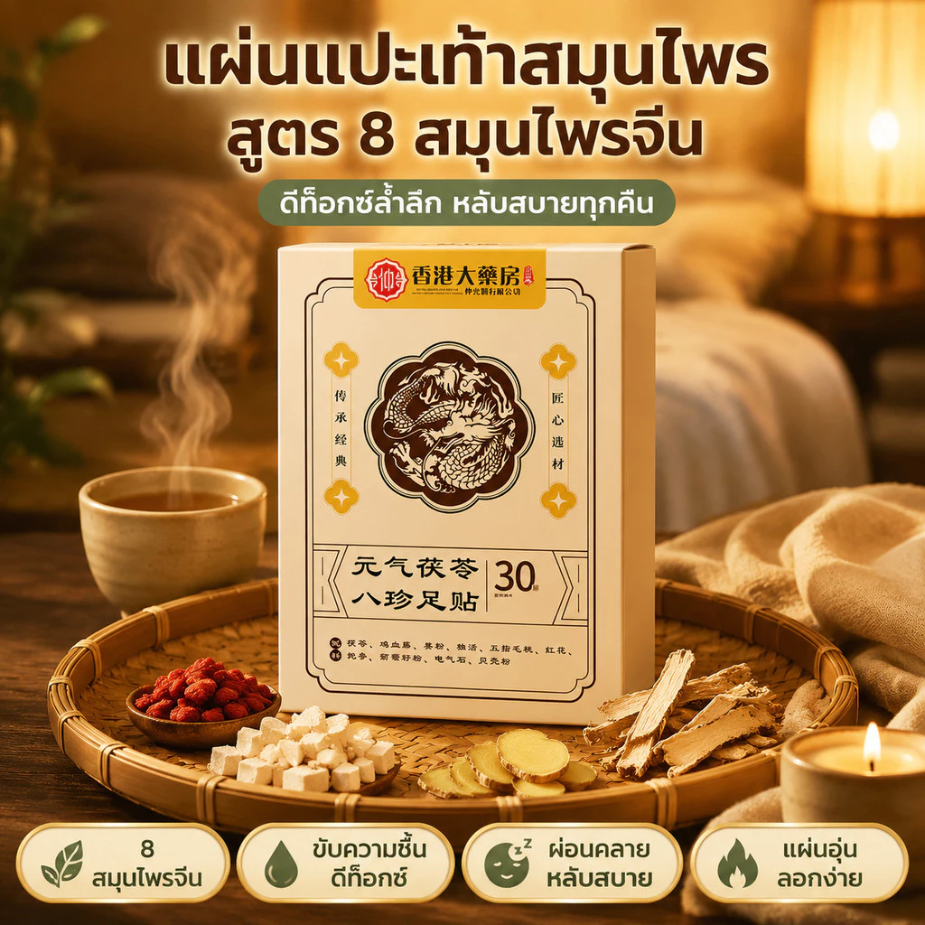 แผ่นแปะเท้าสมุนไพร Poria Cocos สูตร 8 สมุนไพรจีน ช่วยขับความชื้น ดีท็อกซ์ ดูดซับของเสีย ลดบวม ส่งเสริมการเผาผลาญ ผ่อนคลาย ช่วยให้นอนหลับสบาย แผ่นแปะเท้าอุ่น ลอกออกง่าย เหมาะสำหรับใช้ทุกวัน ผู้สูงอายุ คนทำงาน และผู้ที่มีอาการเท้าบวม