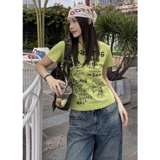 พร้อมส่ง🍒แขนสั้น เสื้อยืดคอกลม แฟชั่นฮาราจูกุพิมพ์ลายตัว สไตล์วินเทจ ใส่สบา แฟชั่นฤดูร้อน Youmi