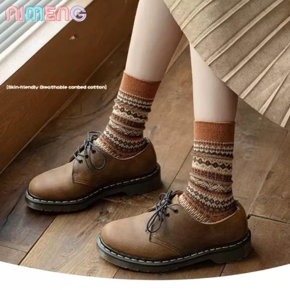 NIMENG ถุงเท้าคริสต์มาส, Retro Fair Isle ผ้าฝ้ายถุงเท้ากลางหลอด,คุณภาพสูงหนาสีปิดกั้นถุงเท้าอุ่นสําหรับผู้ชายและผู้หญิง