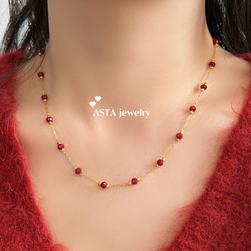 【ASTA】18K Gold Plated Red Garnet Beaded Choker สร้อยคอทองเหลืองสีเหลืองกันน้ํา Non Tarnish Hypoaller