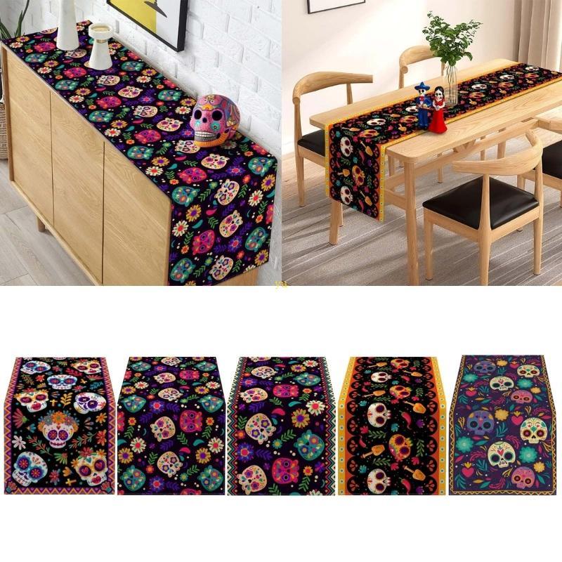 Yu Halloween Skull Table Runners Mexico Flower Day of The Dead Linen Table Runners ตกแต่งวันหยุดสําห
