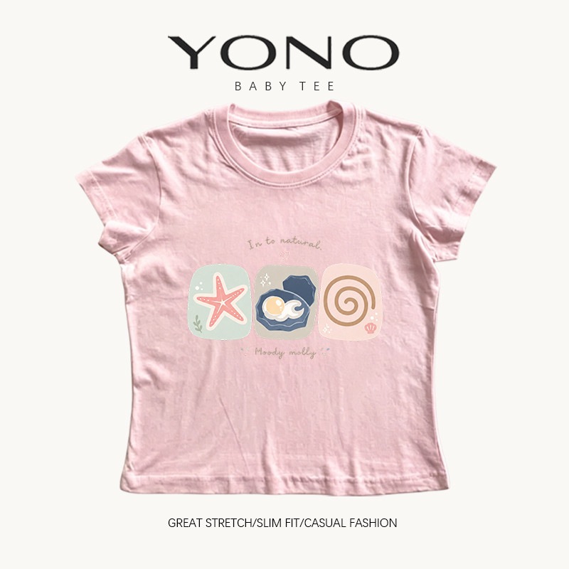 (พร้อมส่ง24ชม.) YONO baby tee สีชมพู ลายไอคอนพาสเทล 3 ช่อง ทรงเข้ารูป สไตล์เกาหลี