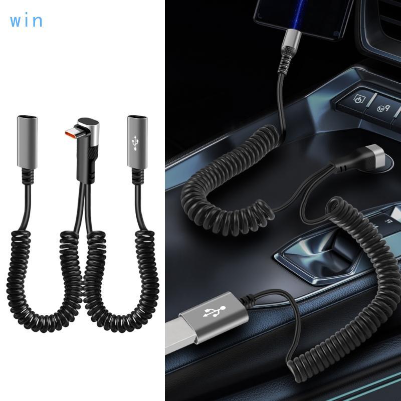 Win 2 in 1 90 องศาข้อศอก USB Fast สายชาร์จ 66W ประเภท C ฤดูใบไม้ผลิ Retracted สําหรับ Latop รถชาร์จอ