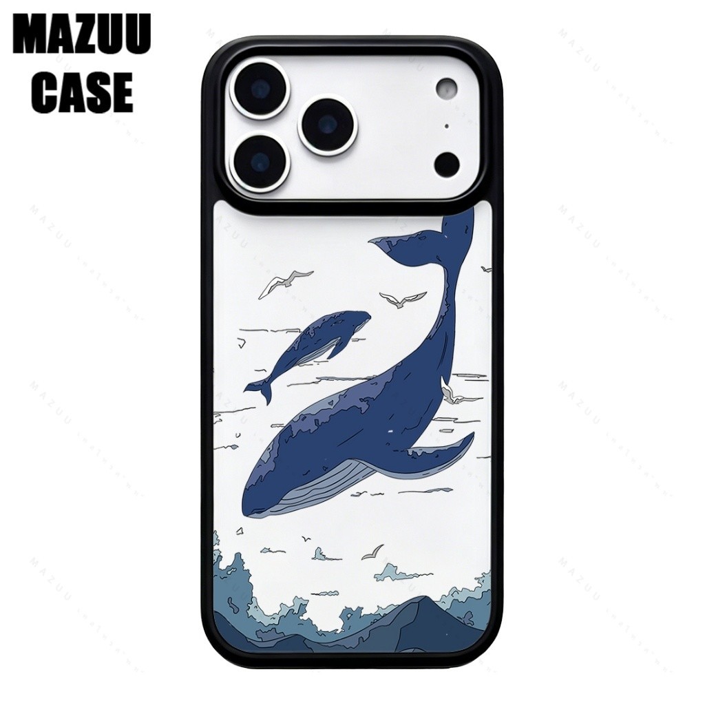 เคสไอโฟน TPU ขอบดำ หลังแข็งใส กันกระแทก ลายวาฬสไตล์วาดมือทะเลกลางคืน สำหรับ iPhone 17 16 15 14 13 12 11 Pro Max Plus