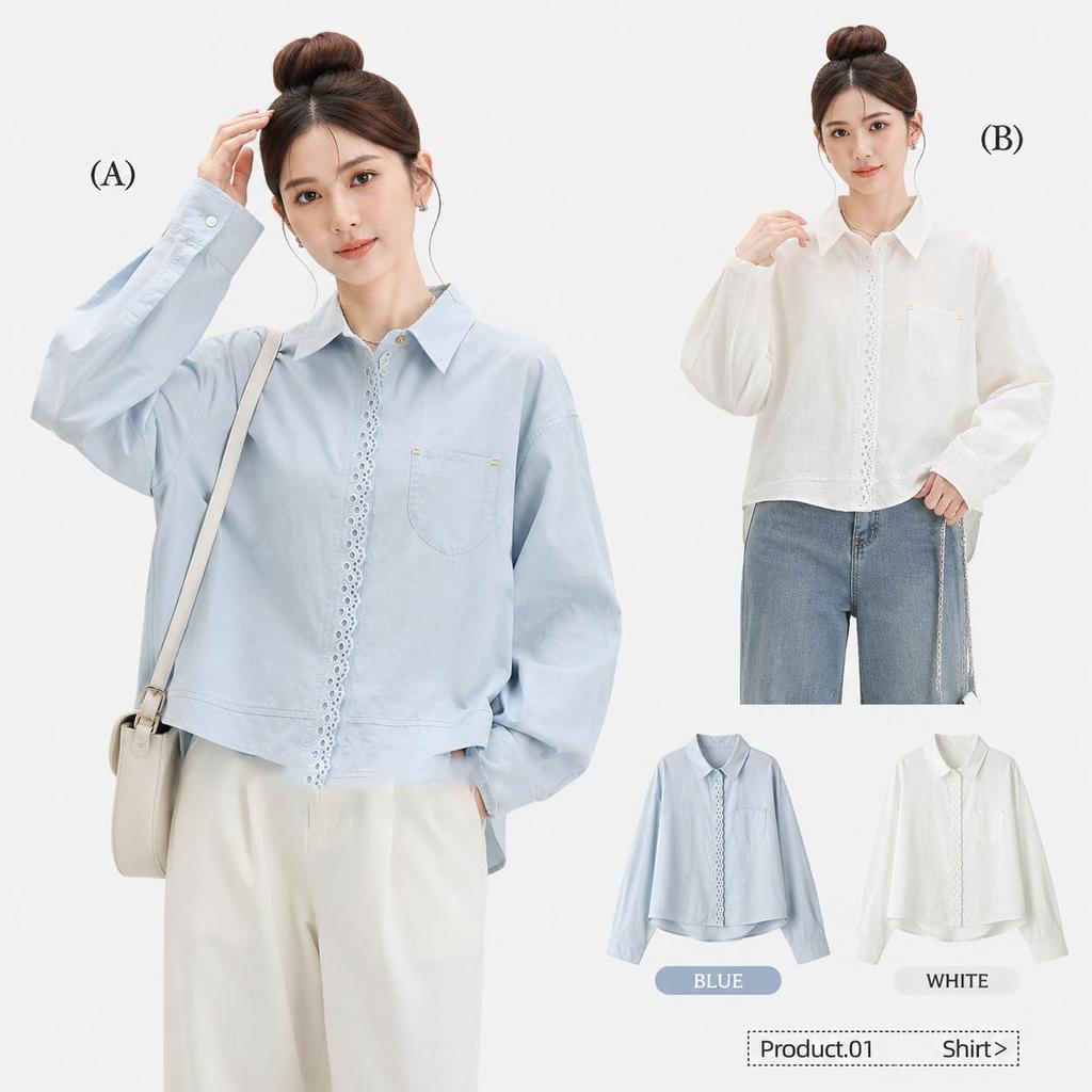 Chili Koko เสื้อแขนยาวผู้หญิงแต่งขอบลูกไม้หวาน ดีไซน์แขนสั้นทรงโคมไฟหลวมๆ มีปกและกระเป๋า สไตล์เกาหลี w766