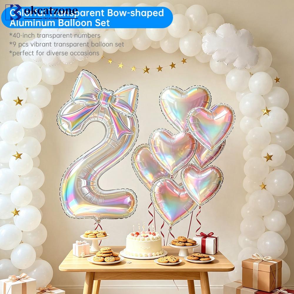 OKCATZONE 40 นิ้วสีสันโปร่งใสอลูมิเนียมฟอยล์บอลลูนจํานวนโบว์รูปหัวใจ Photo Props สําหรับวันเกิดงานแต