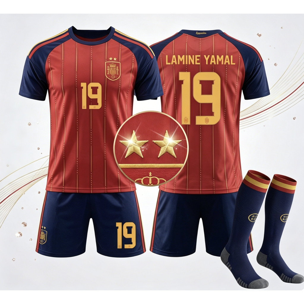 2026 ชุดฟุตบอลทีมชาติสเปนสองดาว [ขนาดผู้ใหญ่ / เด็ก] เสื้อเจอร์ซีย์พร้อมถุงเท้าชุด เลขที่.19 ลาโนมีน ยามาล