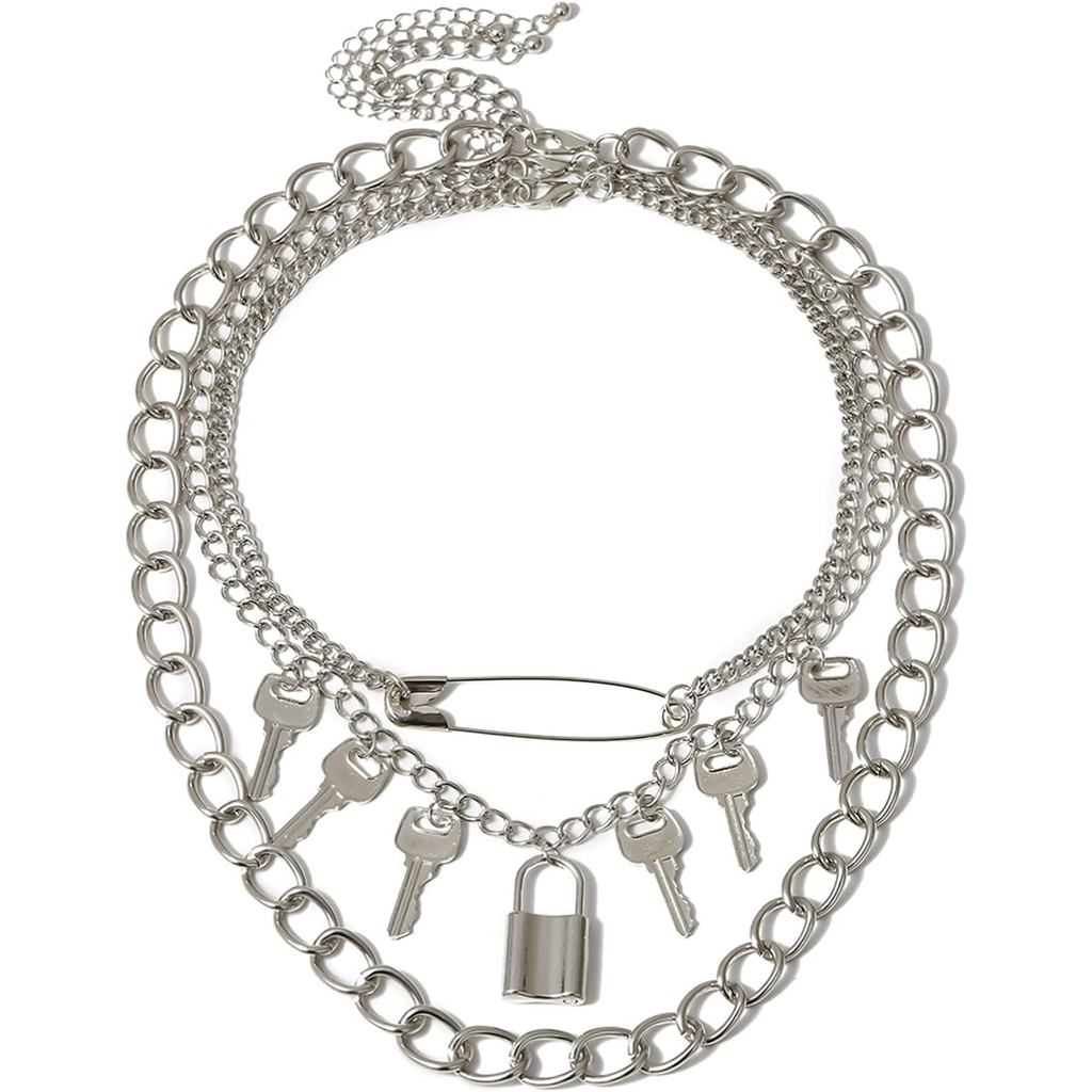 Caiyao 3-5 ชิ้น Punk Layered Key ล็อค Chunky Chain Choker สร้อยคอชุด Gothic ซ้อนความปลอดภัย Pin Spik