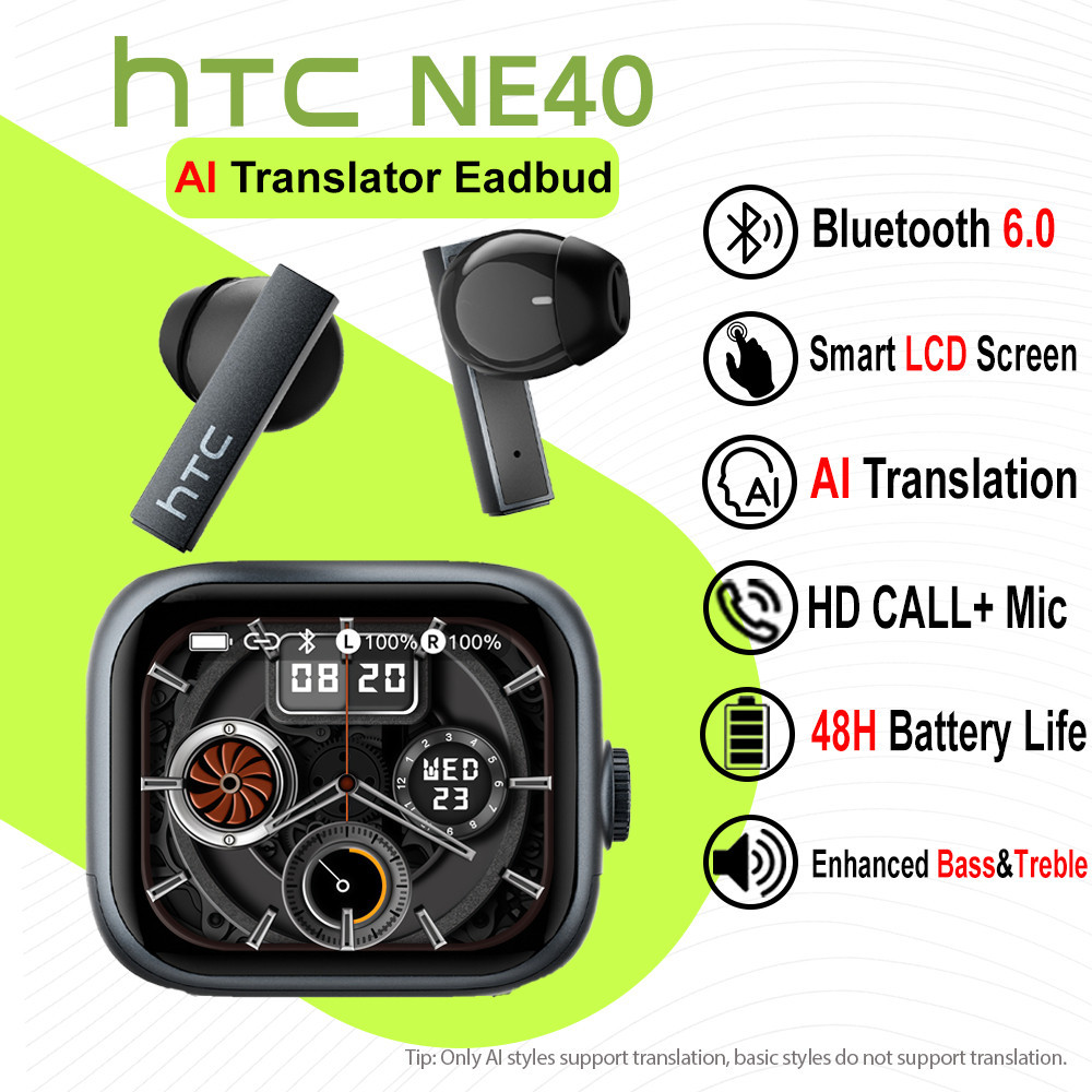 HTC NE40 AI Translator Earbud การแปลใบหน้าด้วยหน้าจอสัมผัส LCD TWS บลูทูธ 6.0
