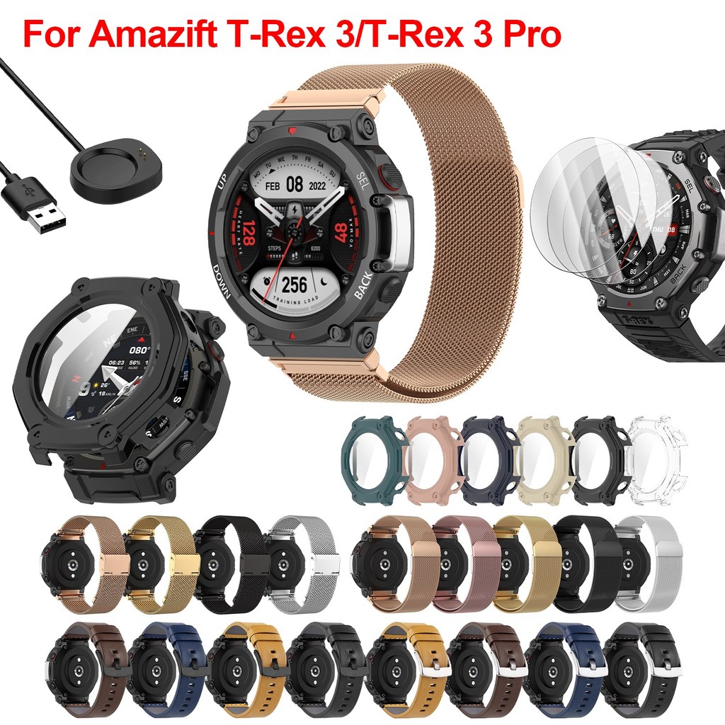 สําหรับ Amazfit T-Rex 3 T-Rex3 Pro Milan Magnetic Loop สายหนัง Charger กระจกนิรภัย + กรณี
