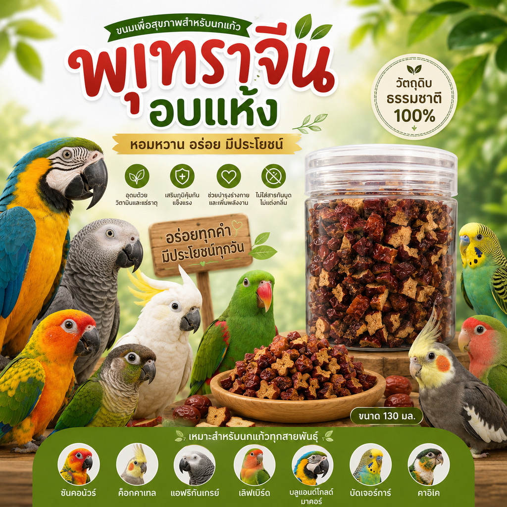 Parrot.thailand ขนมเพื่อสุขภาพสำหรับนกแก้ว! พุทราจีนอบแห้ง เกรดพรีเมียม 100% (130ml) - หอม อร่อย มีประโยชน์
