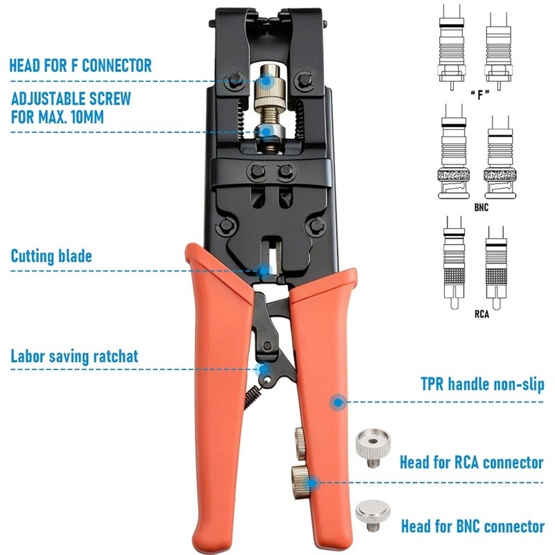 Crimp Plier ชุดเครื่องมือสําหรับการบีบอัดโคแอกเซียล, RG6 RG58 RG59 สําหรับ F BNC Connectors พร้อม RG
