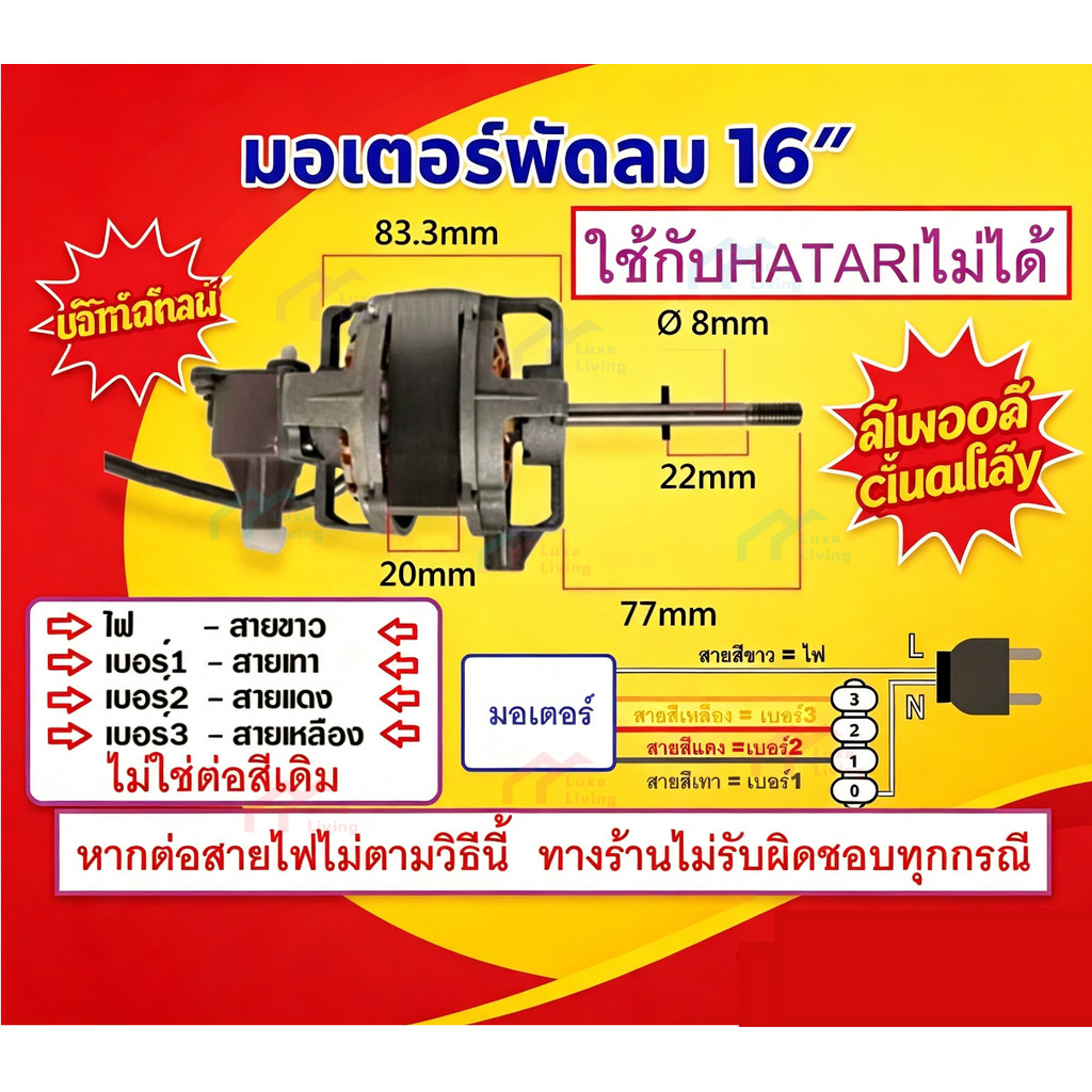 ชุดมอเตอร์พัดลม 16นิ้ว คอยล์หนา 20mm แกนเพลา 8mm มีเทอร์โมฟิวส์ คาปา+กระปุกเฟืองส่าย อะไหล่ซ่อมพัดลมยี่ห้อทั่วไป