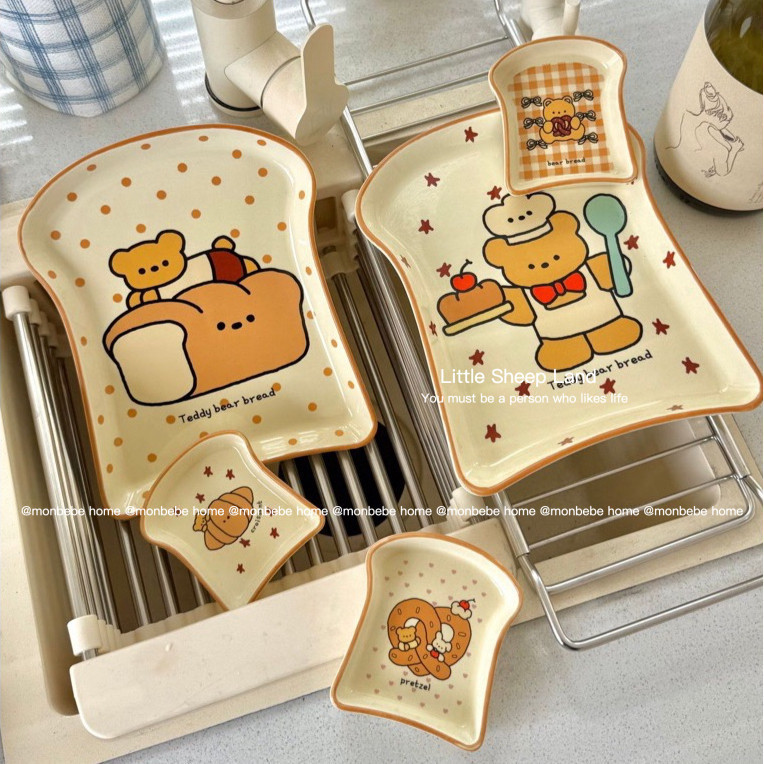 จานขนม จานเซรามิก insหมีขนมปัง🍞 จานขนมใช้ครเวฟและเตาอบสามารถได้ พร้อมส่ง