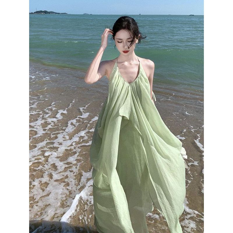 ริมทะเลวันหยุดสไตล์ชุดผู้หญิงสีเขียวอ่อนพิมพ์ เชือกแขวนคอ คอลึกคอวีหลวม ผอมลง ดูกระโปรงยาวผิดปกติ260