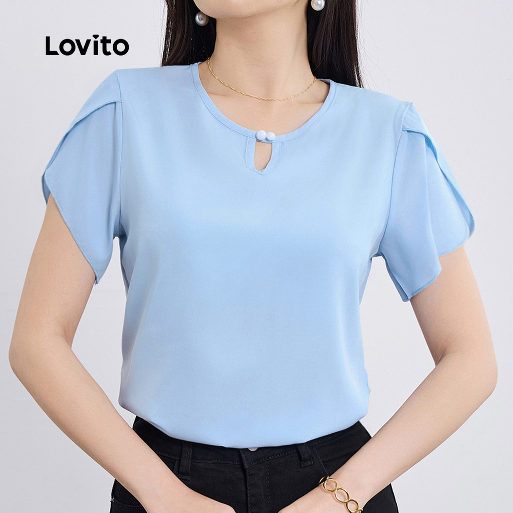 Lovito สง่างาม เสื้อเบลาส์ทรงเรียบคัตเอาท์ติดกระดุมสำหรับผู้หญิงในช่วงฤดูร้อน/ฤดูใบไม้ผลิ L129ED370