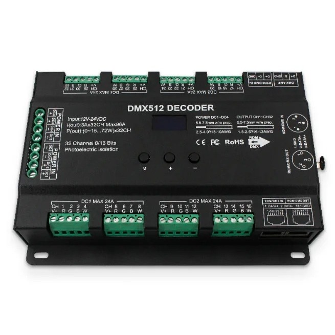 V2XW 32 ช่อง 96A RGBW DMX 512 LED ถอดรหัส Controller DMX Dimmer DC12-24V RGBW RGB ไฟ LED 8 บิต/16 บิ