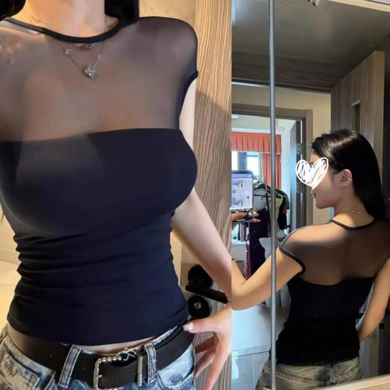 2026 American Hot Girl เล็กน้อยโปร่งใสผ้ากอซแขนสั้นเสื้อยืดผู้หญิง Slim-Fit Slimmer ดูสั้น All-Match