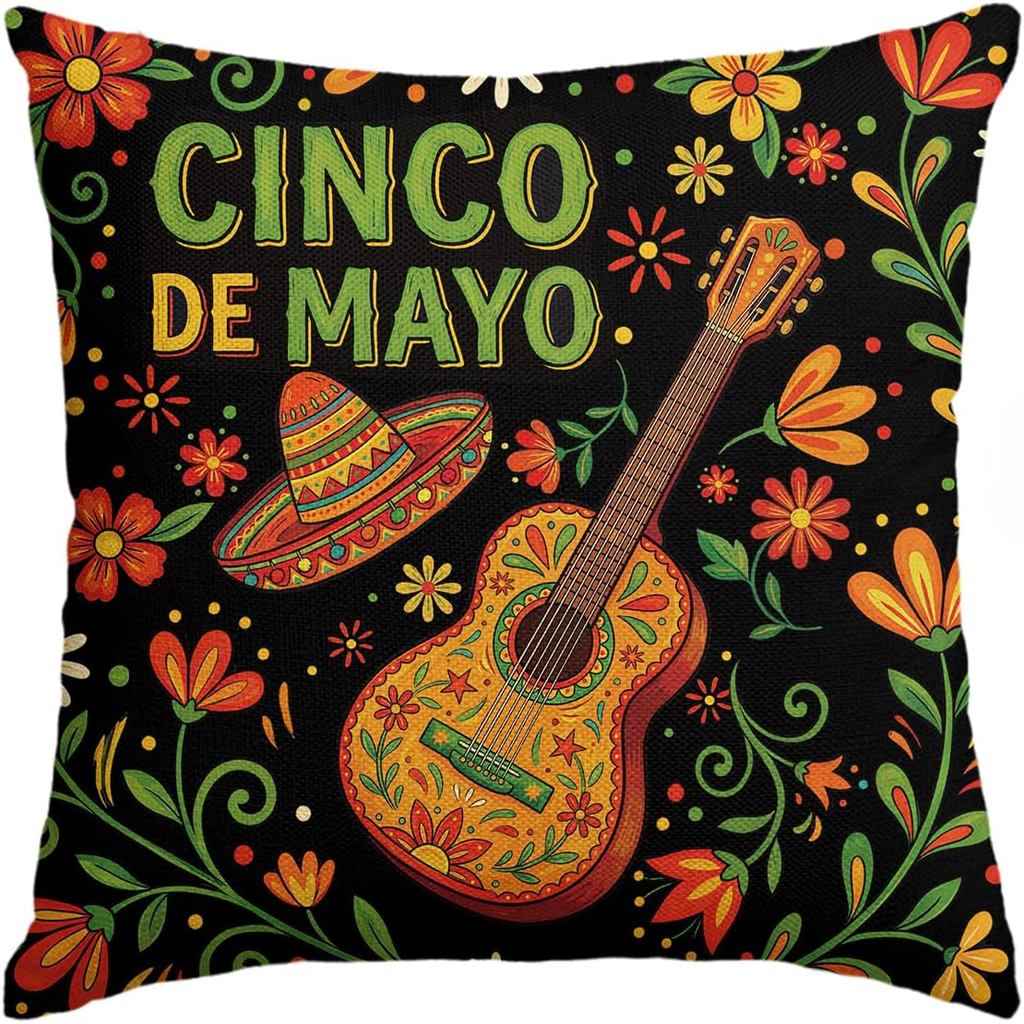 AVOIN colorlife Cinco de Mayo กีตาร์โยนหมอน, 18 x 18 นิ้ว 5th of May เม็กซิกัน Fiesta วันหยุดเม็กซิโ