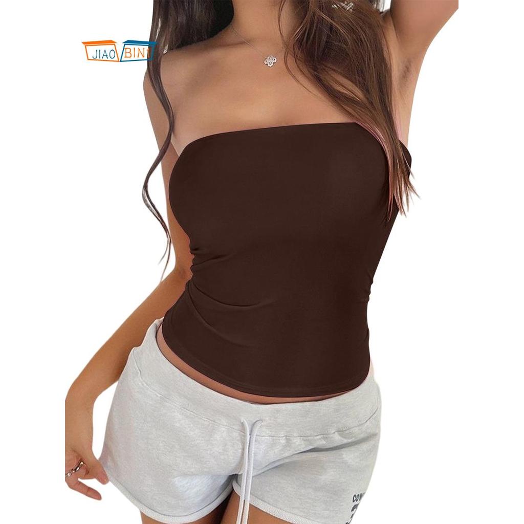 Womens Tube Tops Soft Stretched Strapless Bandeau Basic Seamless Summer Going Out Tank Top สีน้ําตาล