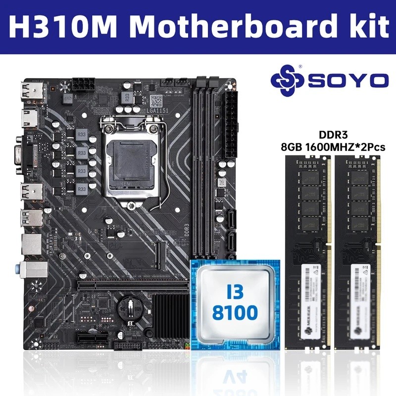 SOYO H310M DDR3 เมนบอร์ด i3 8100 CPU 16G = 8G * 2 RAM Intel LGA1151 TPM2.0 คอมพิวเตอร์ Combo Kit Xeo