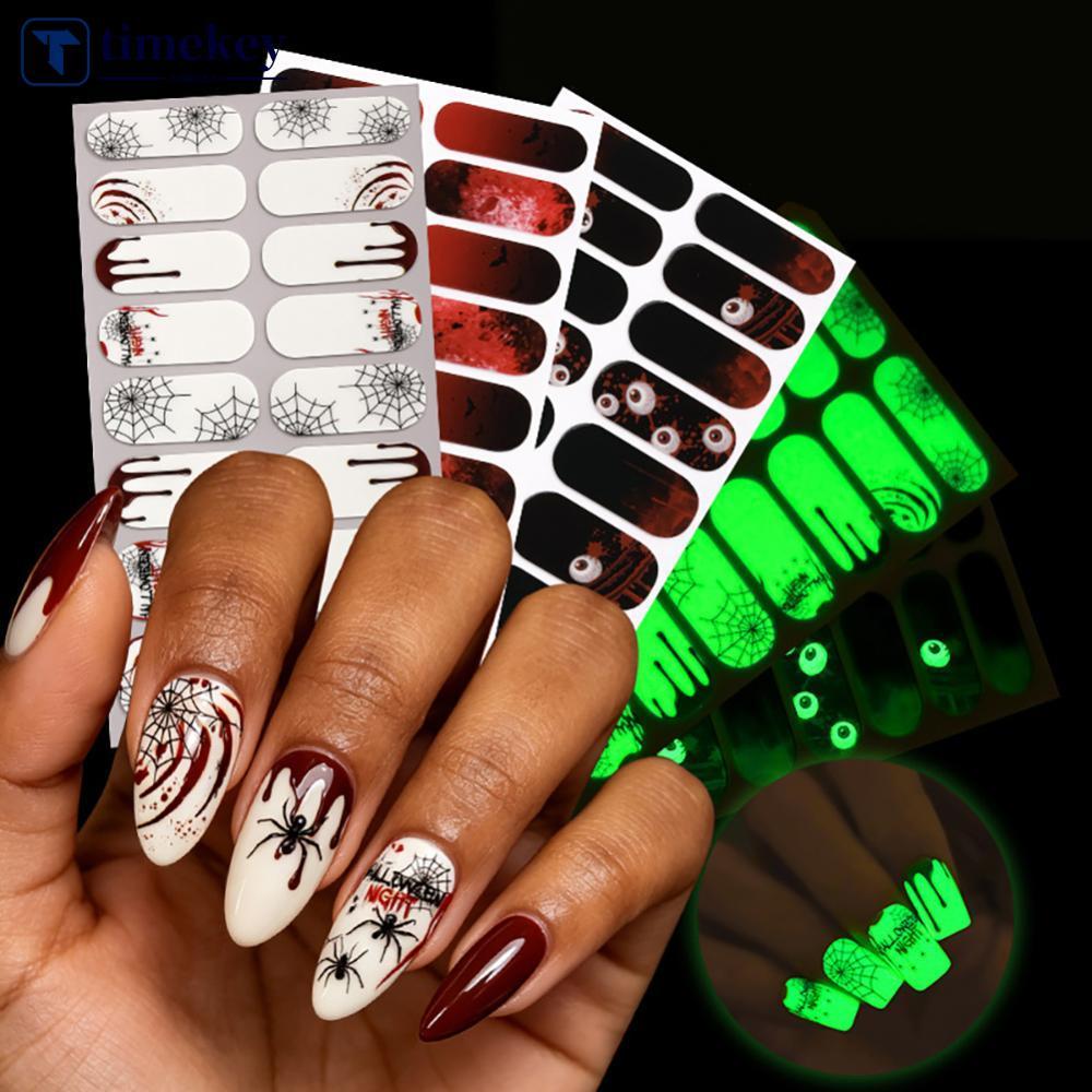 TIMEKEY กันน้ําฮาโลวีน Luminous สติ๊กเกอร์ติดเล็บ Bloodstain ฟักทองยาทาเล็บเจลฟิล์ม Ghost Bat 16 นิ้