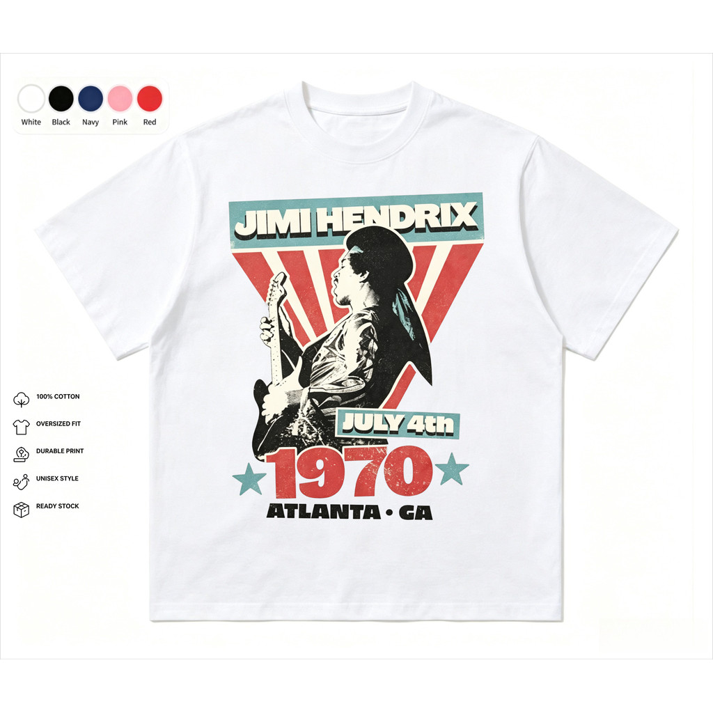 เสื้อยืด Jimi Hendrix 1970 Atlanta ลายกราฟิก พร้อมส่ง เสื้อยืดแขนสั้น ผ้าฝ้าย 100% ทรงหลวม สตรีทแวร์