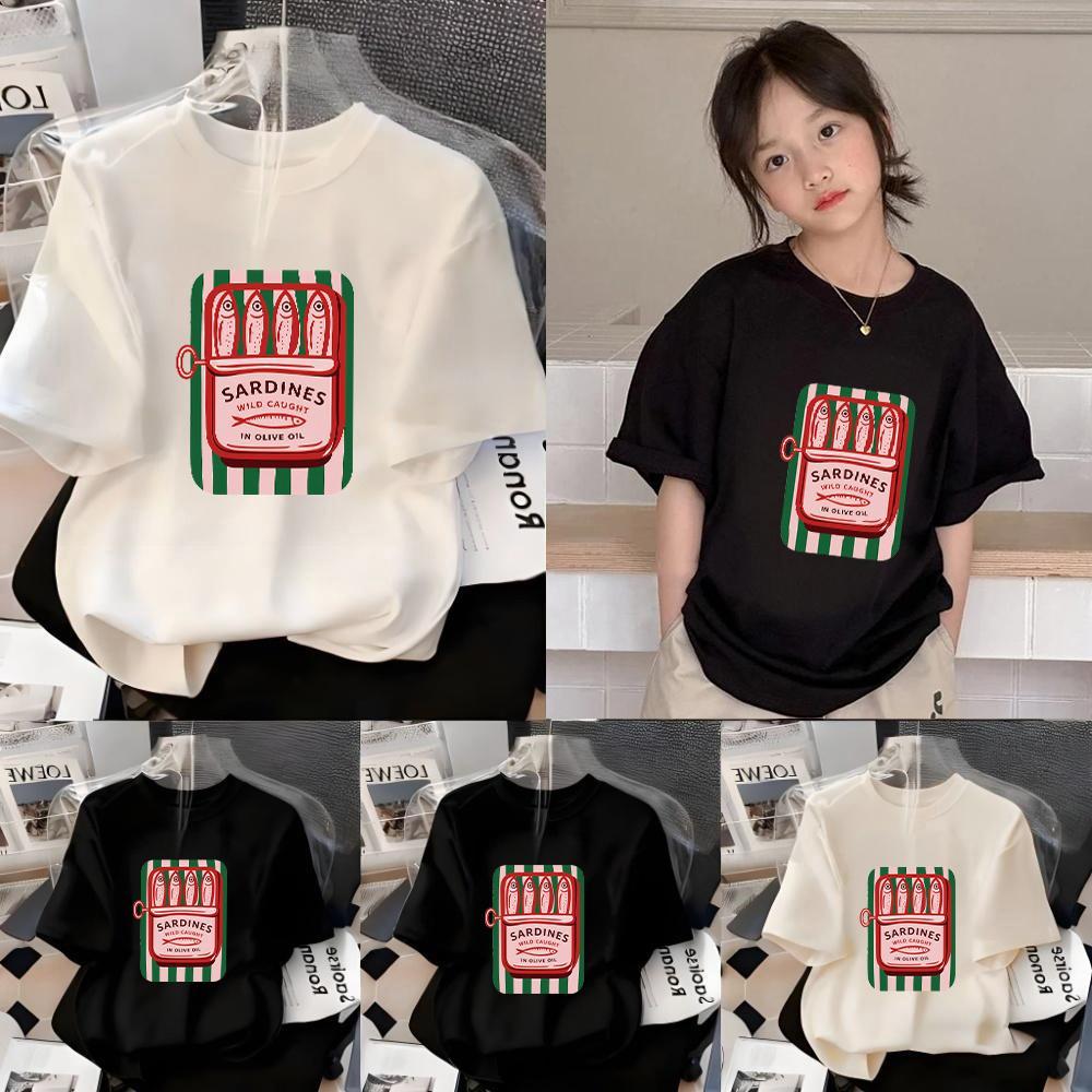 Lsingers เด็กผ้าฝ้าย 100% เด็กสไตล์เกาหลีเสื้อยืดผ้าฝ้าย 6-13 ปีหญิงปลาซาร์ดีนลายการ์ตูนวินเทจเรียบง