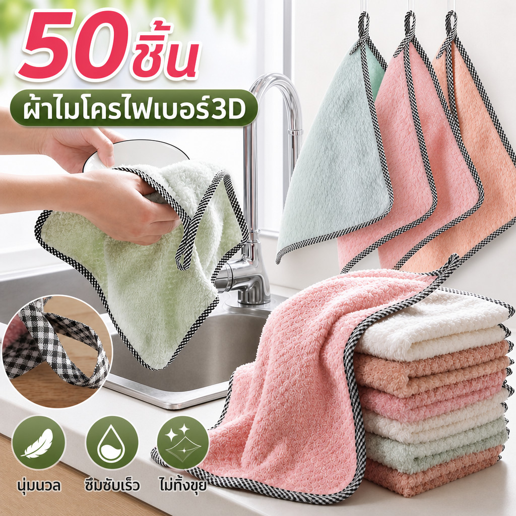 【50 ชิ้น】ผ้าไมโครไฟเบอร์ 3D ขนาด 400แกรม 25X25CM เกรดพรีเมี่ยม หนานุ่ม ซับน้ำไว ทำความสะอาดอเนกประสงค์