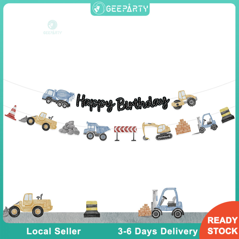 GeeParty ธงแบนเนอร์วันเกิด 1 ชุด ธีมรถก่อสร้างสีฟ้าเหลือง Happy Birthday ตกแต่งปาร์ตี้เด็กและฉากถ่ายรูป