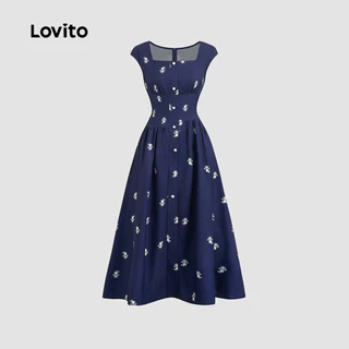 (New Arrival) Lovito เดรสสีน้ําเงินเข้มสําหรับผู้หญิง ลายแพทเทิร์นสวยหรู กระดุมหน้า เหมาะสําหรับฤดูใบไม้ผลิ/ฤดูร้อน LBL36139