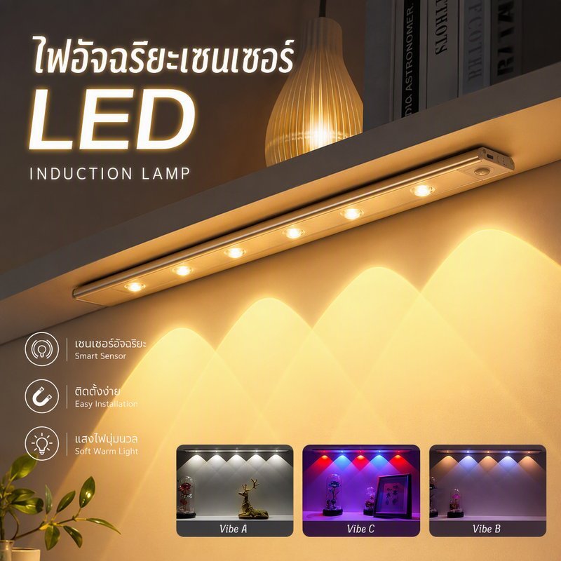 ไฟ LED อัจฉริยะ สำหรับตู้โชว์ ตั้งโต๊ะ และตู้เสื้อผ้า ปรับสีได้ 3 สี ระบบเซ็นเซอร์อัตโนมัติ ไร้สาย ชาร์จ USB