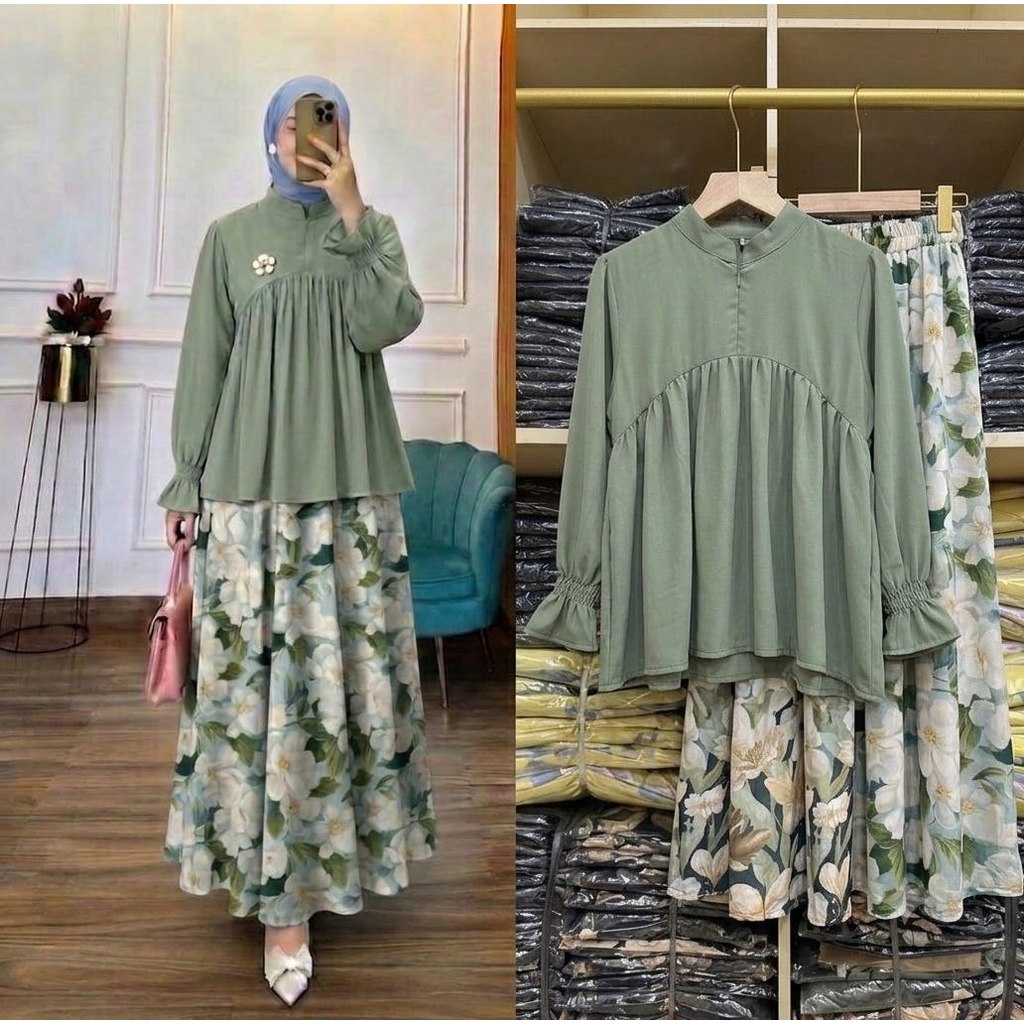ชุดสตรีกระโปรงลายดอกไม้ธรรมดา Serena Setrok Twill เรยอน Busui Modern | Serena Serena Serena