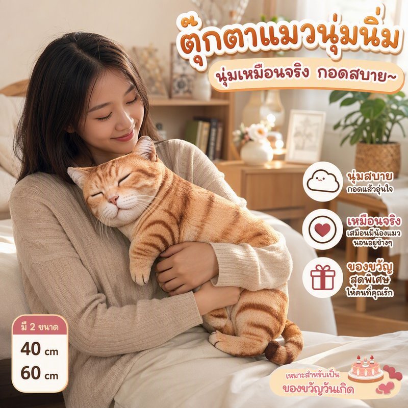 หมอนตุ๊กตาสัตว์สมจริง แมวนอนหลับ หมาพุดเดิล ไดโนเสาร์ นุ่มฟู หมอนกอด ของขวัญ 40 60