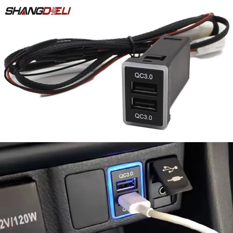 12V/24V Blue LED Car Charger QC3.0 Dual USB Interface Socket สําหรับ Toyota Corolla levin Prado FJ C