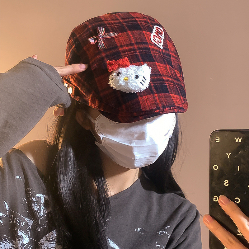 T7J1 น่ารัก Checkered ส่งต่อ Beret หญิงฤดูร้อน y2k หวาน Cool สาวร้อนย้อนกลับสวมหมวกจิตรกรหมวก Breath