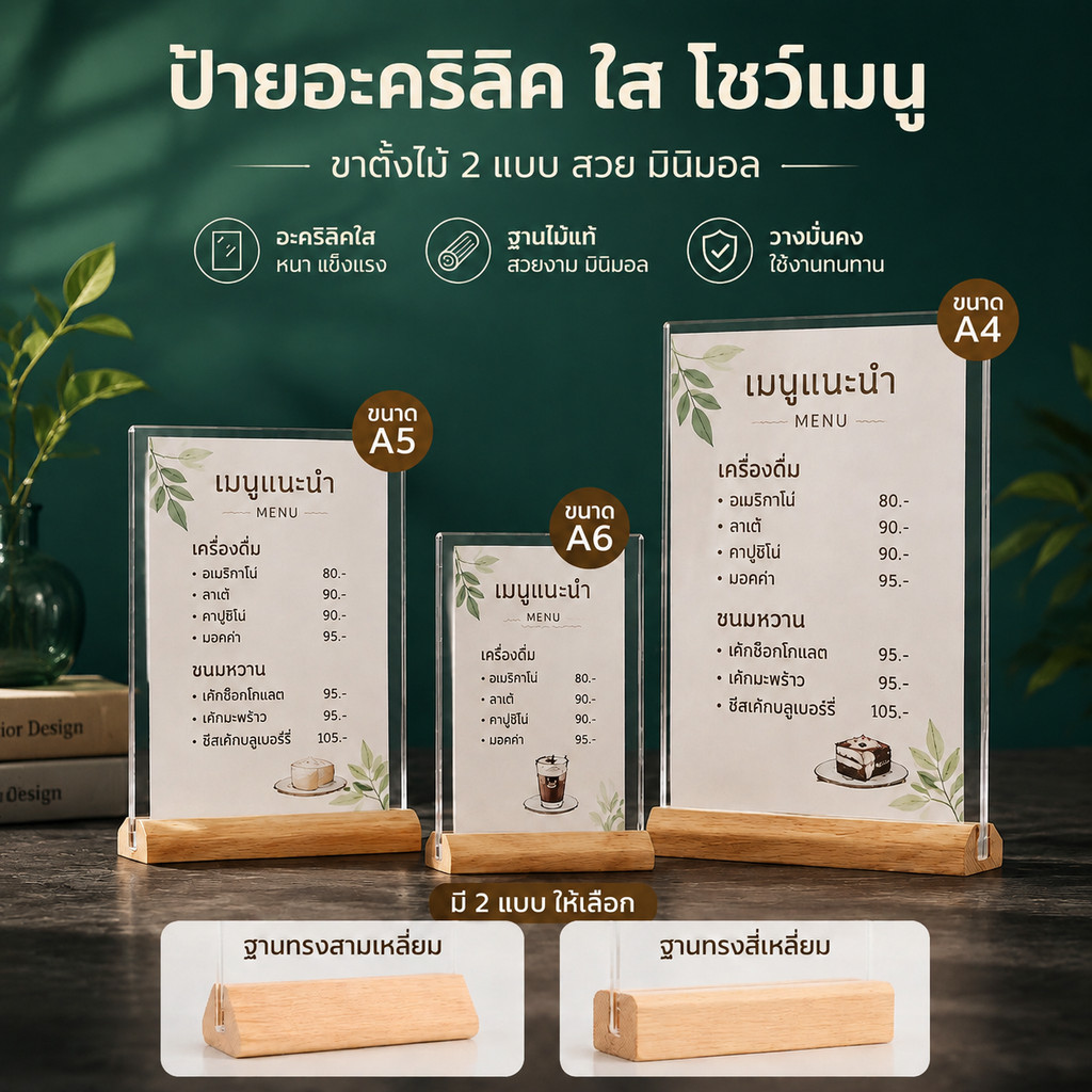 ป้ายอะคริลิคตั้งโต๊ะ T‑shape 2in1 เฉียง/ตรง ฐานไม้ แนวตั้ง A4 ใส ใช้ได้ทั้งสองด้าน ป้ายราคา เมนู กรอบรูป โชว์เอกสาร