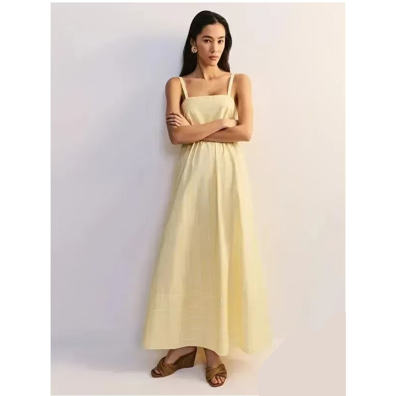 ผู้หญิงสปาเก็ตตี้ชุด Maxi สีเหลืองติดตั้งเอวแขนกุด Silhouette สําหรับสุภาพสตรีชายหาดวันหยุดฤดูร้อน L