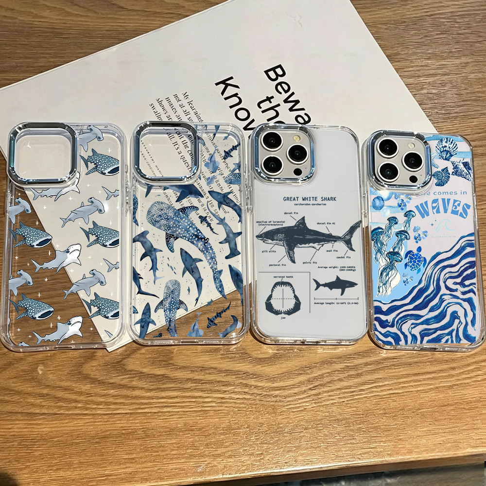 สัตว์มหาสมุทร Shark Dolphins เต่าเต่าสําหรับ OPPO A6X A5 A3 Pro A5X A3X Reno 13 Pro 15F 14F 13F 12F กรณีชุบเลนส์โลหะใสซิลิโคนกันกระแทก