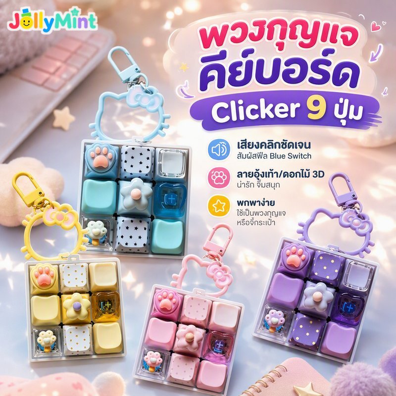 คีย์บอร์ดแบบกลไกพวงกุญแจ Clicker 9 คีย์สวิตช์สีน้ําเงิน 3D Cat Paw ดอกไม้ความเครียดของเล่น