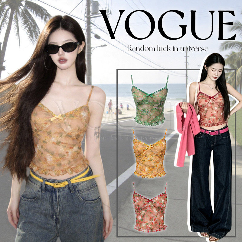 Vogue พร้อมส่ง เสื้อสายเดี่ยวลายดอกไม้ผ้าตาข่าย แฟชั่นฤดูร้อนสีสันสดใส มีฟองน้ำในตัวสายปรับได้ (FY7015#1)