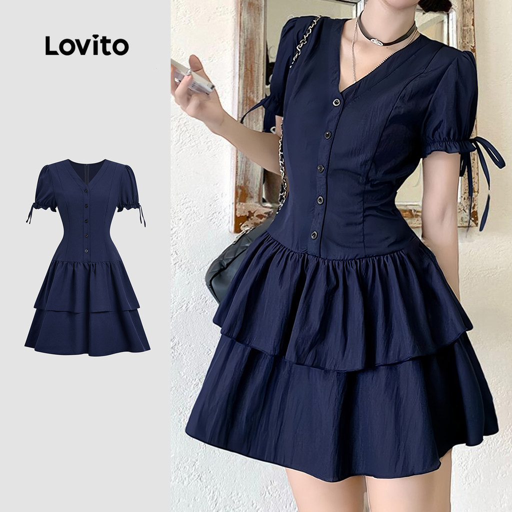 (แคชชวล) Lovito เดรสผูกเชือกติดกระดุมชั้นสําหรับฤดูใบไม้ผลิ/ฤดูร้อนสีน้ําเงินกรมท่าสําหรับผู้หญิง L178ED598