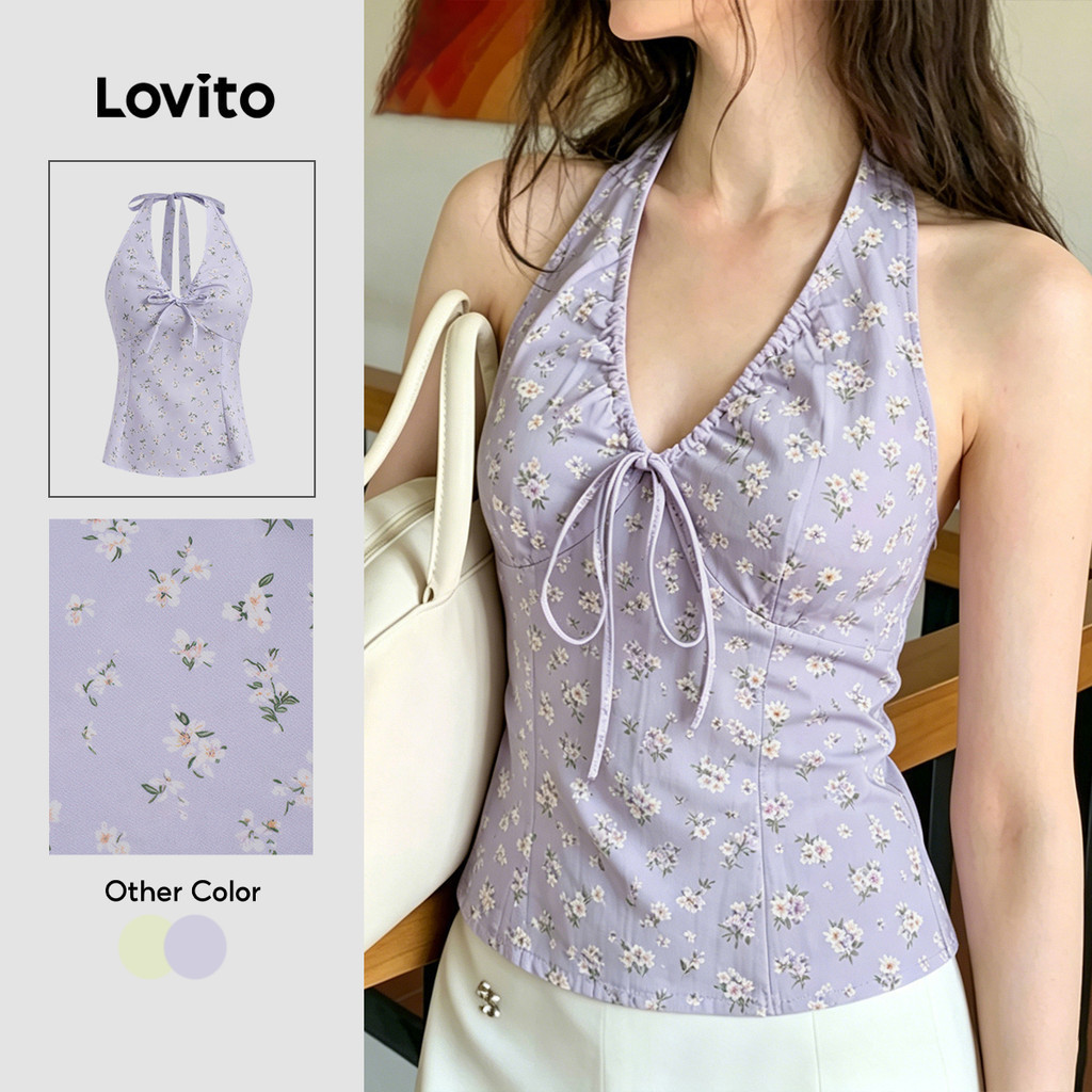 (New Arrival) Lovito เสื้อลําลองเรียบง่ายสีม่วงสําหรับผู้หญิง เหมาะสําหรับฤดูใบไม้ผลิและฤดูร้อน เกาหลี อินเทรนด์ L197AD1062