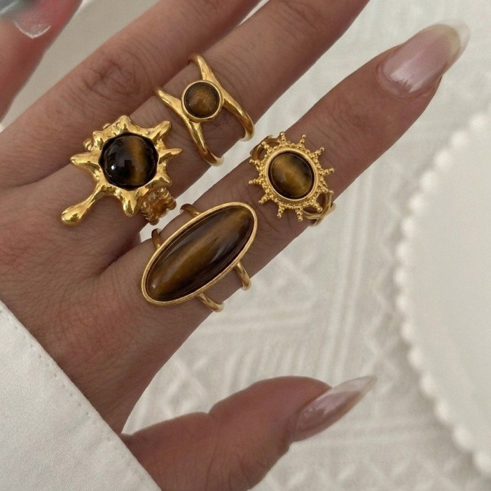 YX Maillard Tone สแตนเลส Tiger Eye หินแหวน Vintage Aesthetic Finger Band Y2K อินเทรนด์แฟชั่นเครื่องป