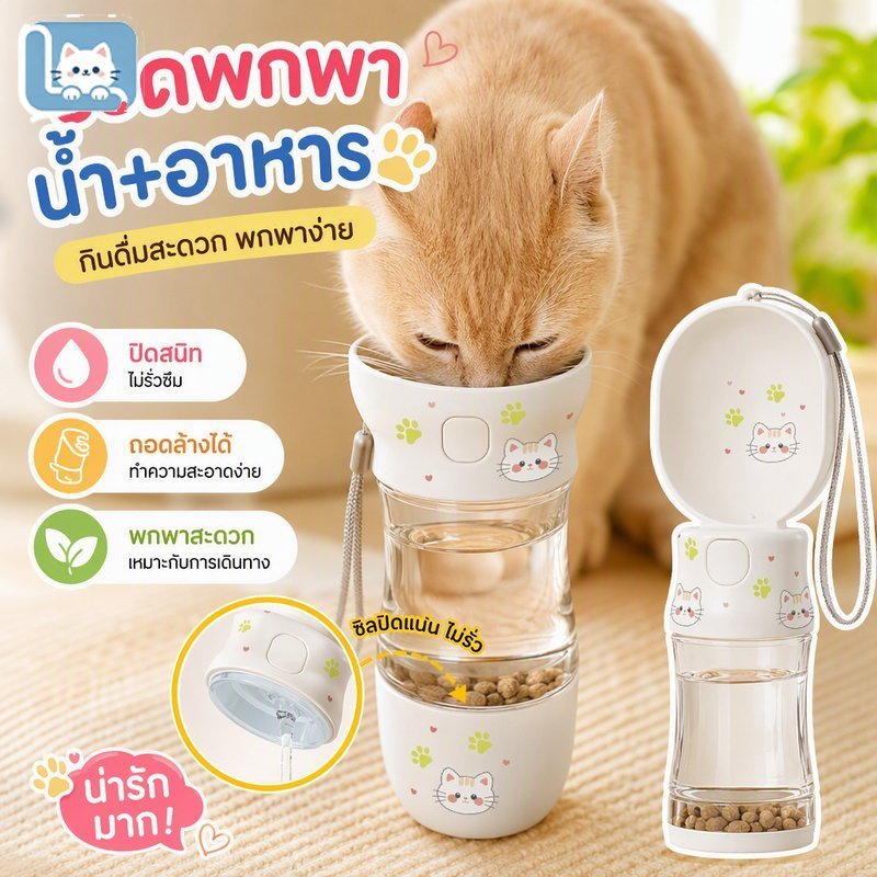 ขนาดพกพา Dog ขวดน้ำสัตว์เลี้ยง 2 In 1 ใส่น้ำและอาหาร กดปล่อยน้ำ ป้องกันรั่ว เดินเล่น ท่องเที่ยว