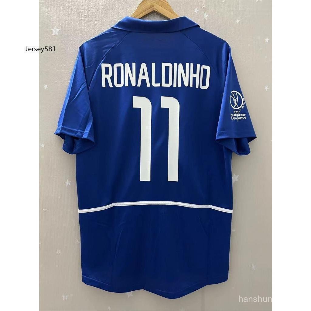 ในสต็อกBrazil Away 2002 RONALDINHO RONALDO RIVALDO คุณภาพสูง Retro ฟุตบอล Jersey เสื้อยืดที่กําหนดเอ