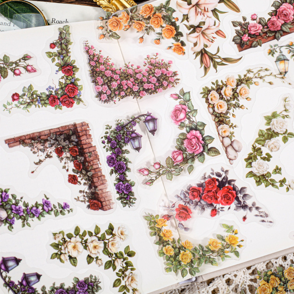 Retro Story Hospital Corner Series PET Corner Sticker Rose Flower Handbook diy วัสดุตกแต่ง Collage ส